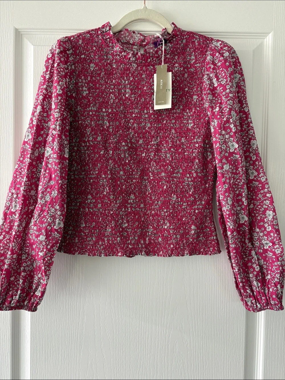 J. Crew Pink Smocked Floral Long-Sleeve Blouse